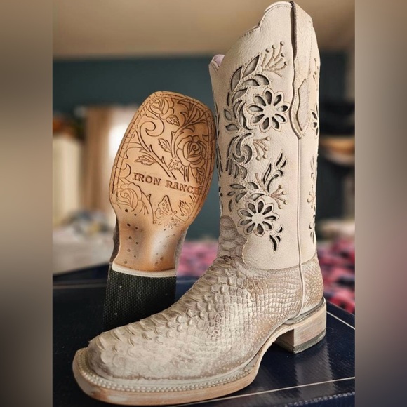 Iron Ranch Shoes - Iron Ranch Cutout Floral Western Boots - Light Beige